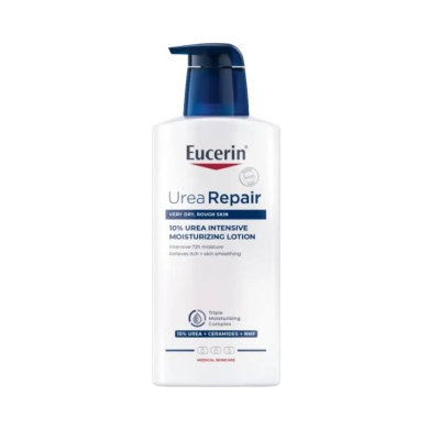 Frasco de loção hidratante Eucerin Urea Repair com doseador azul