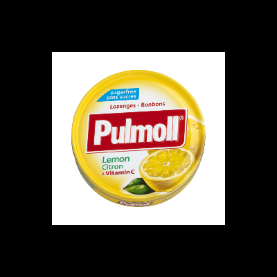 Lata amarela de pastilhas Pulmoll sabor limão com texto e imagem de limão.
