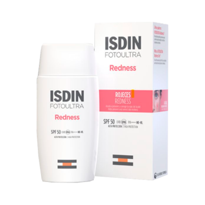 Creme protetor solar ISDIN Fotoultra Redness SPF 50 com caixa e embalagem branca e detalhes em vermelho e preto