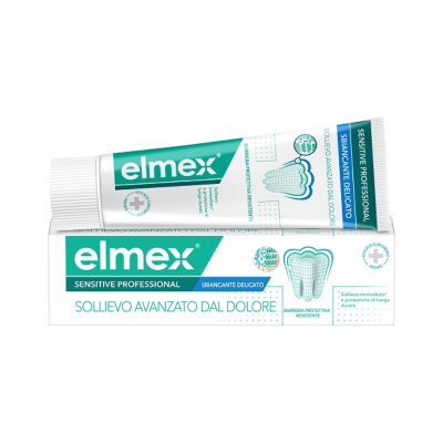 Pasta de dentes Elmex Sensitive Professional em tubo branco e verde com caixa