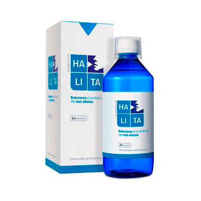 Frasco azul de enxaguante bucal HALITA ao lado da sua caixa branca com detalhes azuis