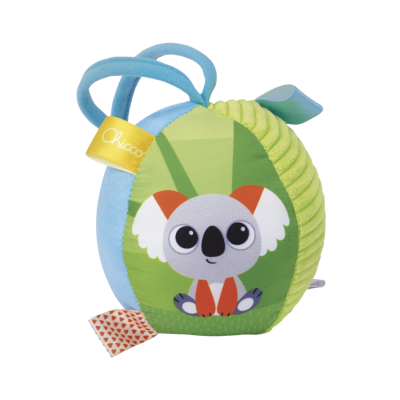 Brinquedo infantil macio colorido com estampa de coala e etiquetas coloridas