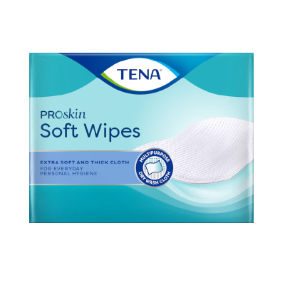 Embalagem de lenços suaves TENA Soft Wipes azul e branco com texto e selo distintivo.