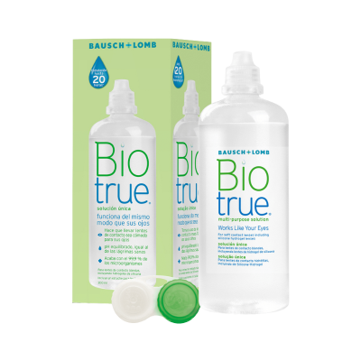 Solução multiusos para lentes de contacto Biotrue da Bausch + Lomb com embalagem e case branco e verde