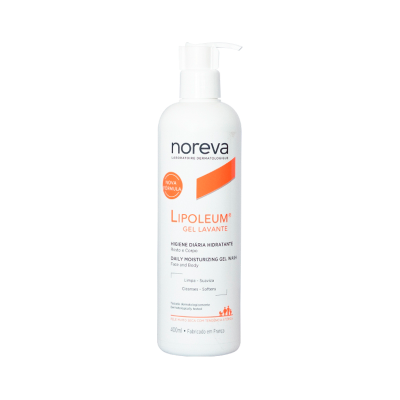 Frasco branco com doseador de Gel Lavante Noreva Lipoleum 400 ml