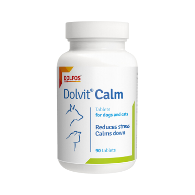 Frasco plástico branco Dolvit Calm para cães e gatos com texto azul e verde