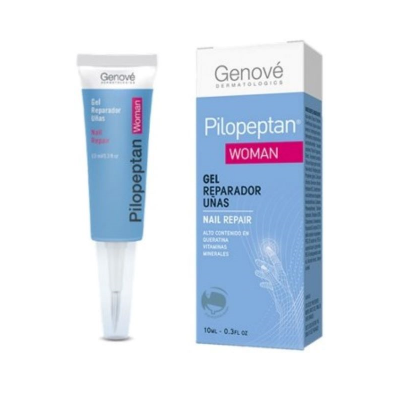 Tubo e caixa do gel reparador de unhas Pilopeptan Woman azul, branco e rosa