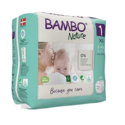 Pacote de fraldas BAMBO Nature tamanho 1 XS verdes e branco com texto e imagem de bebé
