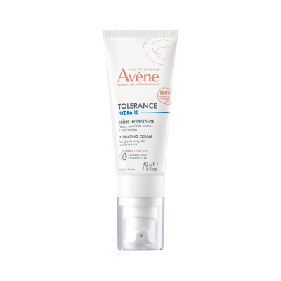 Frasco branco de creme hidratante Avène Tolerance Hydra-10 em fundo branco