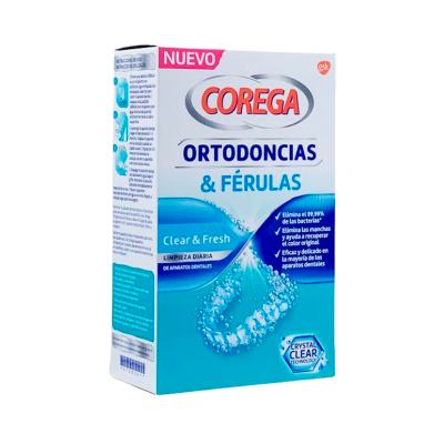 Caixa azul e branca do produto Corega Ortodoncias & Férulas para limpeza diária