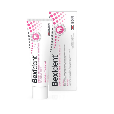 Creme dentífrico Bexident para dentes sensíveis em tubo branco com pontos cor-de-rosa