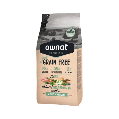 Saco de ração para cães Ownat Grain Free Adult Chicken com ingredientes naturais e texto informativo