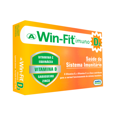 Embalagem de suplemento Win-Fit imuno D3 laranja e amarelo com texto sobre vitaminas e saúde imunitária