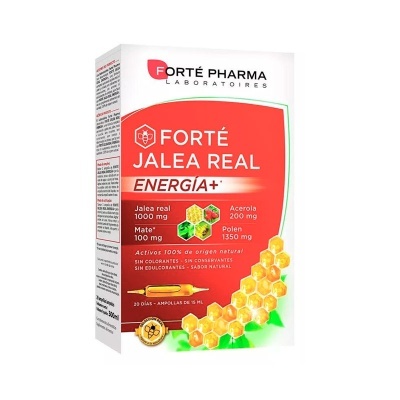 Caixa de suplemento Forté Jalea Real Energia+ com design vermelho e branco e imagem de favos de mel