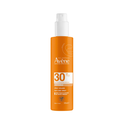 Frasco de spray solar Avène SPF 30 laranja com tampa branca