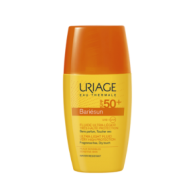 Frasco amarelo com tampa laranja de protetor solar Uriage Bariésun FPS 50+