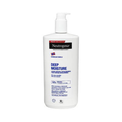 Frasco branco de loção corporal Neutrogena Deep Moisture com doseador.