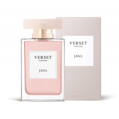 Frasco de perfume rosa e caixa cinzenta da marca VERSET PARFUMS Jana