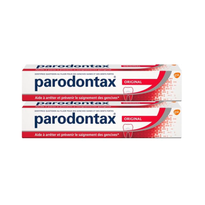 Embalagem de pasta dentífrica Parodontax Original em branco, vermelho e azul