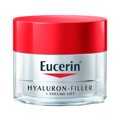Frasco de creme facial Eucerin Hyaluron-Filler + Volume-Lift com tampa vermelha