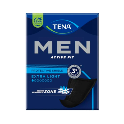 Embalagem azul de protector TENA MEN ACTIVE FIT EXTRA LIGHT com protector preto.