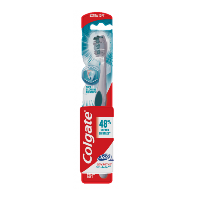 Escova de dentes Colgate 360 Sensitive extra suave em embalagem vermelha e branca