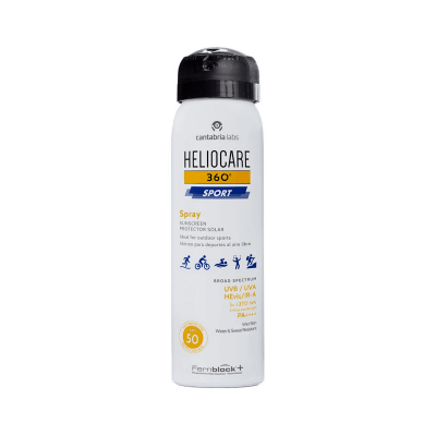 Frasco de spray de protetor solar Heliocare 360° Sport branco com tampa preta