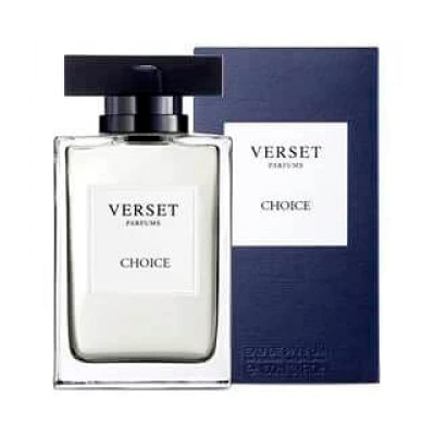 Frasco de perfume Verset Choice ao lado da embalagem azul