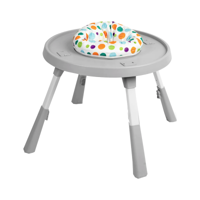 Andador para bebé cinzento com assento almofadado colorido e pernas ajustáveis