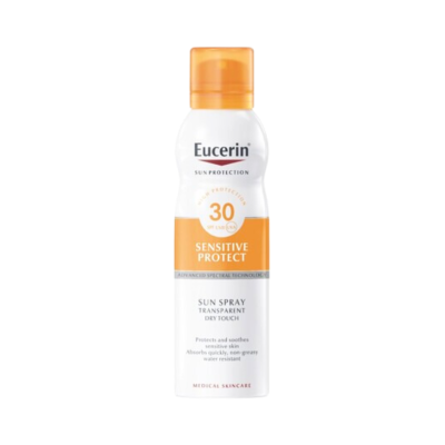 Spray solar Eucerin Sensitive Protect SPF 30 com embalagem branca e tampa laranja