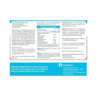 Etiqueta do suplemento alimentar Advancis EasyLax Forte com ingredientes e instruções