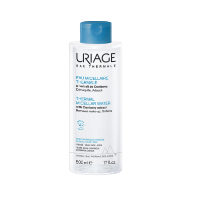 Garrafa de água micelar termal URIAGE com tampa azul e 500 ml