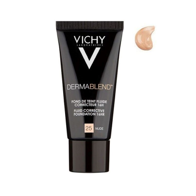 Base líquida Vichy Dermablend tom 25 Nude com amostra de cor ao lado