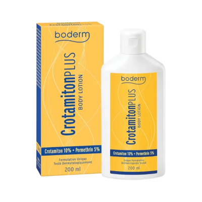 Frasco branco e caixa amarela de body lotion Boderm CrotamitonPLUS