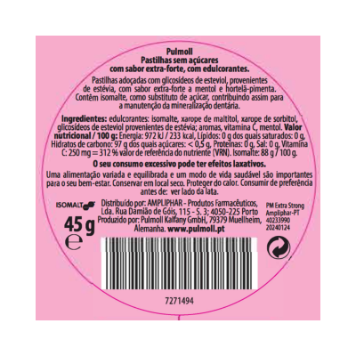 Etiqueta cor-de-rosa das pastilhas Pulmoll extra-forte com texto, código de barras e peso 45 g