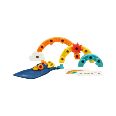 Brinquedo de construção colorido com peças de arcos e cartas de instruções