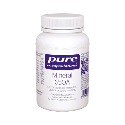 Frasco branco de suplemento alimentar Mineral 650A da Pure Encapsulations