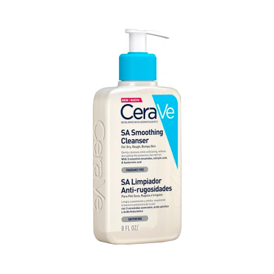 Frasco branco com tampa de doseador azul claro do produto CeraVe SA Smoothing Cleanser