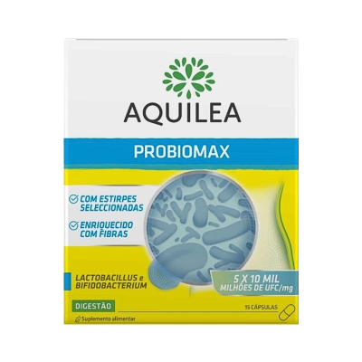 Caixa de suplemento alimentar Aquilea Probiomax para digestão com 15 cápsulas