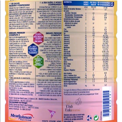 Embalagem do Enfamil Premium Complete 3 com informações nutricionais e textos em espanhol e português