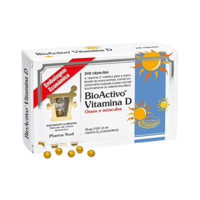 Caixa branca de suplemento BioActivo Vitamina D com cápsulas amarelas.