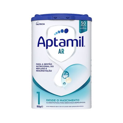Embalagem de leite em pó Aptamil AR branco e azul