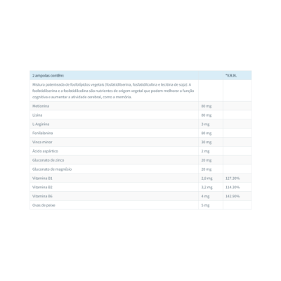 Tabela nutricional com composição de suplemento em ampolas e percentagem de valores de referência nutricional.