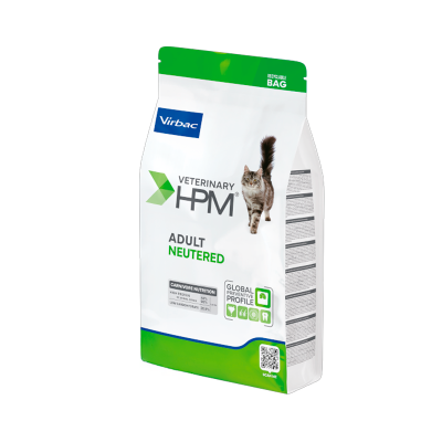Embalagem de ração para gatos Adult Neutered Virbac com imagem de um gato