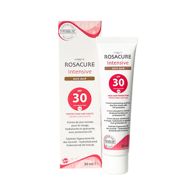 Creme de rosto tonalizante Rosacure SPF 30 em embalagem branca com detalhes rosa e castanho