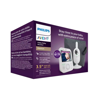 Embalagem roxa de monitor de bebé Philips Avent com foto do dispositivo branco e texto multilingue