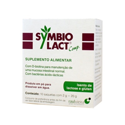 Embalagem do suplemento SYMBIO LACT branco com texto verde e vermelho