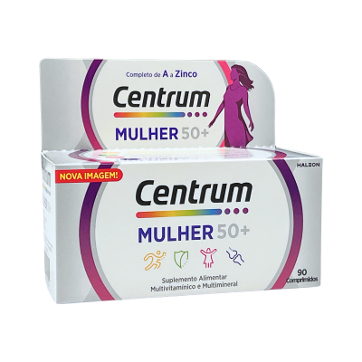 Embalagem de suplemento Centrum Mulher 50+ com design branco e roxo