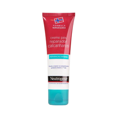 Tubo de creme para pés reparador de calcanhares Neutrogena vermelho, branco e azul com texto em português