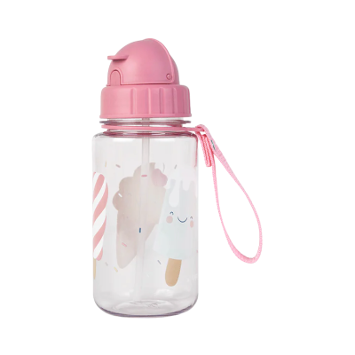 Garrafa de água plástica transparente com tampa rosa e desenhos de gelados